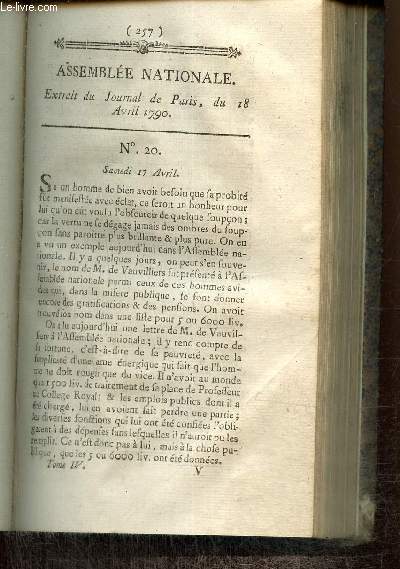 Extrait du Journal de Paris, du 18 Avril 1790 - N20 - Lettre de M. de Vauvilliers - Discussions sur les assignats