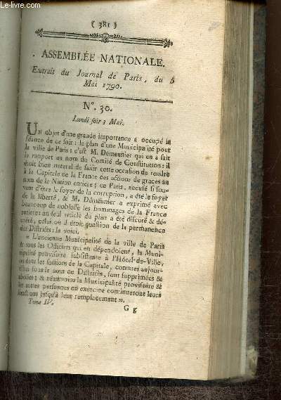 Extrait du Journal de Paris, du 5 Mai 1790 - N°30 - Plan d'une Municipalité pour la ville de Paris par M. Démeunier - Qu'est-ce qu'une Convention Nationale ?