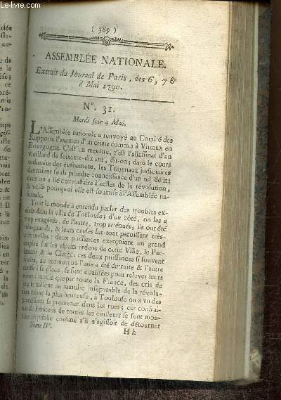 Extrait du Journal de Paris, des 6, 7 & 8 Mai 1790 - N31 - Crime  Vittaux en Bourgogne - Discussion de l'ordre judicaire, sur l'lection des Juges - Plan de la Municipalit de Paris