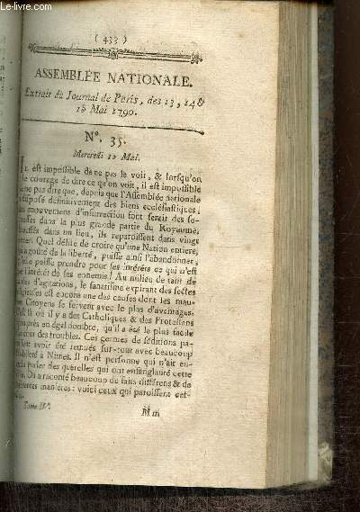 Extrait du Journal de Paris, des 13, 14 & 15 Mai 1790 - N°35 - Insurrections dans le Royaume suite à la vente des biens ecclésiastiques