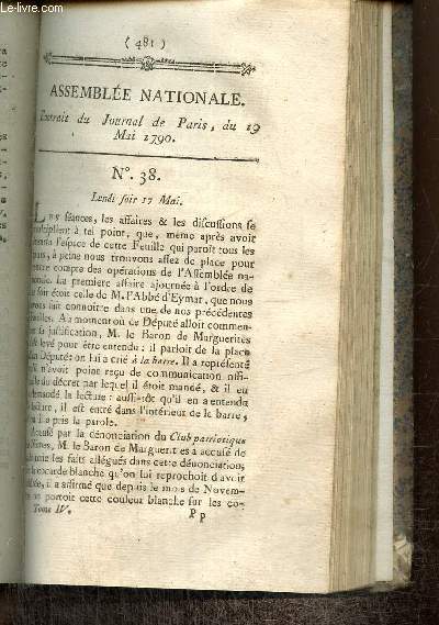 Extrait du Journal de Paris, du 19 Mai 1790 - N38 - Accusation contre le Baron de Marguerites - Assaire de Valence en Dauphin, meurtre de M. de Voisin