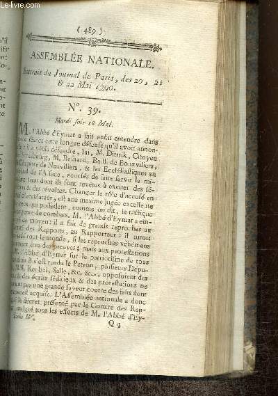 Extrait du Journal de Paris des 20, 21 & 22 Mai 1790 - N39 - Affaire de Danton - Inculpation de Marat - Discussion sur le droit de paix et de guerre - Dcret sur les lettres de la Municipalit et de la Garde Nationale de Bordeaux