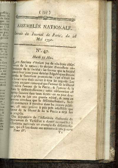 Extrait du Journal de Paris, du 26 Mai 1790 - N°42 - Nouvelle organisation judiciaire - Décret relatif aux Assignats Lettre du Garde des Sceaux au Maire de Paris