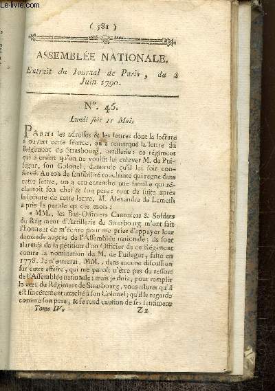 Extrait du Journal de Paris, du 2 Juin 1790 - N46 - Prise de parole de M. Brival - Dcrets sur les assignats
