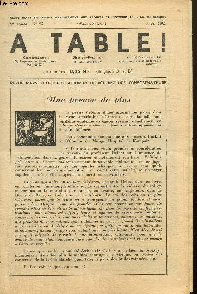 A Table !, 5me anne, n54 (avril 1961) : Une preuve de plus / Nos amis les fruits : le citron, le pamplemousse, la noix / Les bananes sches / L'actualit scientifique / Les recettes du mois pour 4 personnes /...