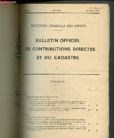 Bulletin Officiel des Contributions Directes et du Cadastre, n39 bis (28 octobre 1959)