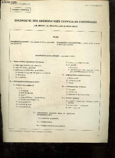 Lot d'articles mdicaux sur diverses pathologies chirurgicales : Adnopathies cervicales / Tumeur du sein / Cancer de la langue / Tumeur du corps thyroide / Mal de Pott / Traumatismes du thorax / Hernies diaphragmatiques / Traumatismes crnio-crbraux