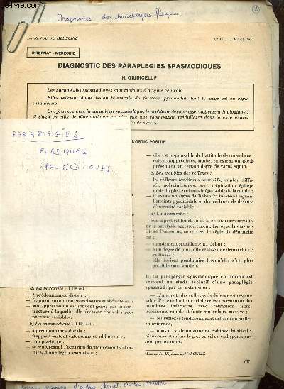 Lot : un article de journal mdical et des notes manuscrites sur les paraplgies flasques et spasmodiques