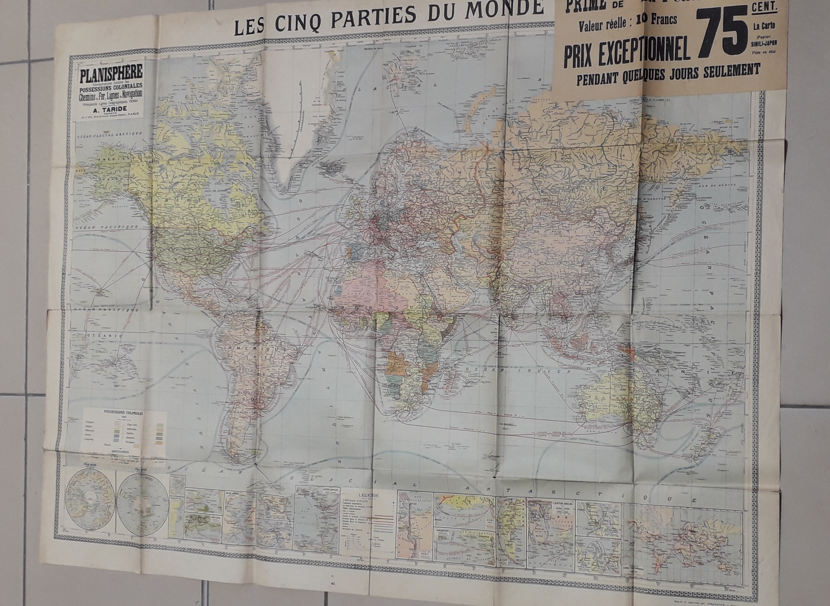 Carte : Les cinq parties du monde - PLanisphre comprenant toutes les possessions coloniales, chemins de fer, lignes de navigation, principales lignes tlgraphiques, cbles