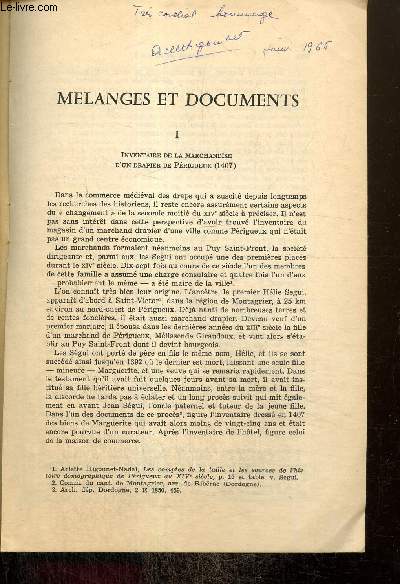 Mlanges et documents : inventaire de la marchandise d'un drapier de Prigueux (1407)