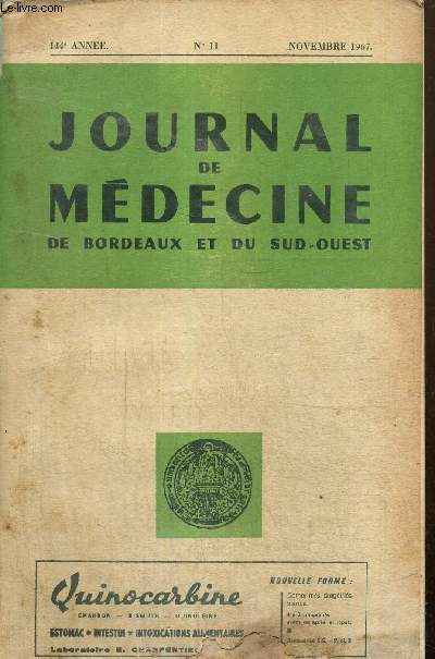 Journal de Mdecine de Bordeaux et du Sud-Ouest, 144e anne, n11 (novembre 1967)