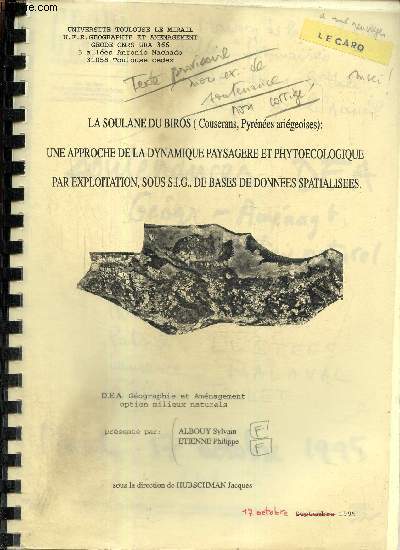 La Soulane du Biros (Couserans, Pyrnes arigeoises) : Une approche de la dynamique paysagre et phytocologique par exploitation, sous S.I.G. de bases de donnes spatialises