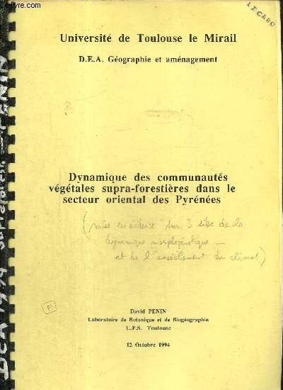 D.E.A. Gographie et amnagement - Dynamique des communauts vgtales supra-forestires dans le secteur oriental des Pyrnes