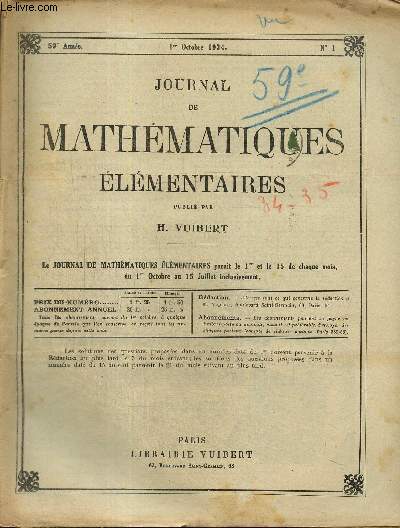 Journal de mathématiques élémentaires, 59e année, n°1 à 20 (n°9 manquant), du 1er octobre 1934 au 15 juillet 1935