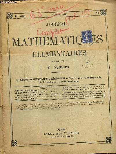 Journal de mathématiques élémentaires, 63e année, n°1 à 20, du 1er octobre 1938 au 15 juillet 1939