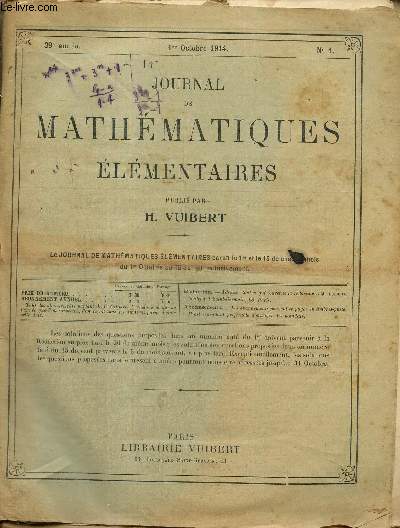 Lot de numéros du Journal de mathématiques élémentaires, 39e année, n°1 à 20, du 1er octobre 1914 au 15 juillet 1915