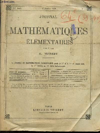 Lot de numéros du Journal de mathématiques élémentaires, 64e année, n°11 à 14, 16, 17 et 19-20, du 1er mars 1939 au 15 juillet 1940