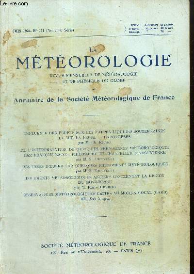 La Mtorologie, n111 (juin 1934) : Influence des forts sur les nappes liquides souterraines et sur la pluie (Charles Ritter) / Des ides d'Euler sur quelques phnomnes mtorologiques (M.S. Thouvenot) /...