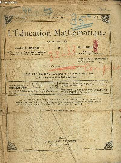 L'Education Mathématique, 35e année, n°1 à 20, du 1er octobre 1932 au 15 juillet 1933