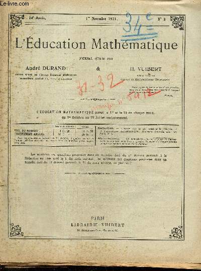 L'Education Mathématique, 34e année, n°1 à 20 (n°5 manquant), du 1er octobre 1931 au 15 juillet 1932