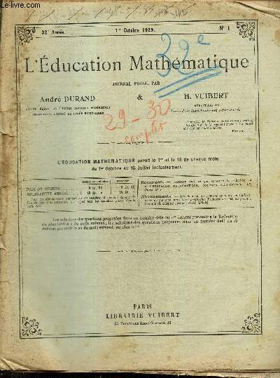 L'Education Mathmatique, 32e anne, n1  20, du 1er octobre 1929 au 15 juillet 1930