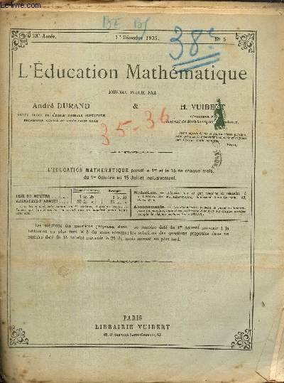 L'Education Mathématique, 38e année, 9 numéros (n°5, 8 et 14 à 20), du 1er décembre 1935 au 15 juillet 1936