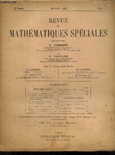 Revue de Mathématiques Spéciales, 22e année, n°2 (novembre 1911)