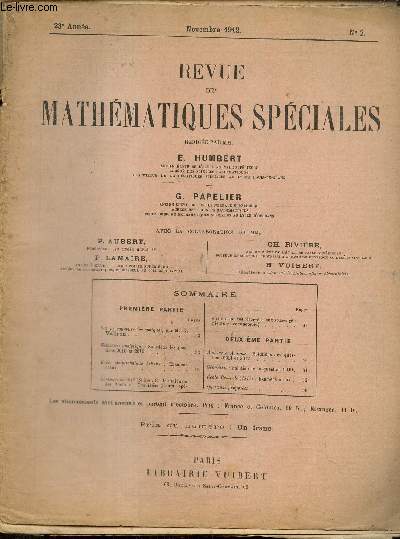 Revue de Mathématiques Spéciales, 23e année, n°2 (novembre 1912)