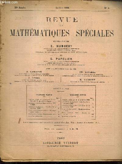 Revue de Mathmatiques Spciales, 30e anne, n4 (janvier 1920)
