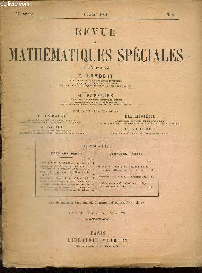 Revue de Mathmatiques Spciales, 32e anne, n1 (octobre 1921)