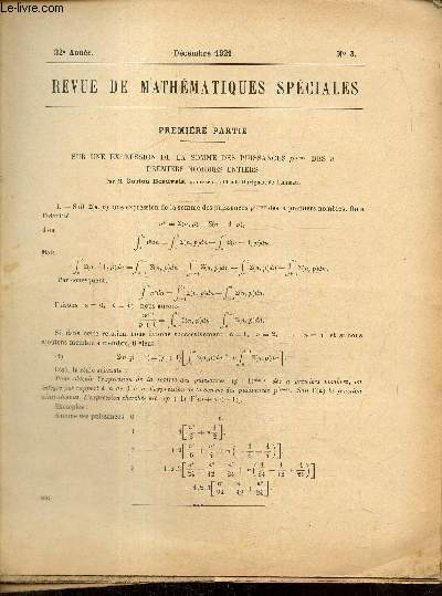 Revue de Mathmatiques Spciales, 32e anne, n3 (dcembre 1921)
