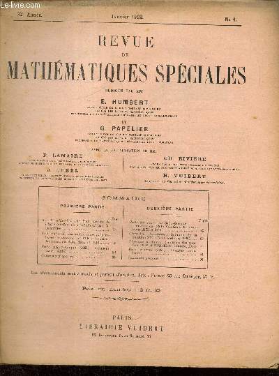 Revue de Mathmatiques Spciales, 32e anne, n4 (janvier 1922)