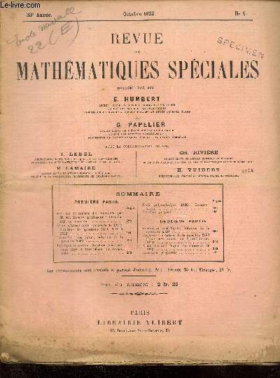 Revue de Mathmatiques Spciales, 33e anne, n1 (octobre 1922)