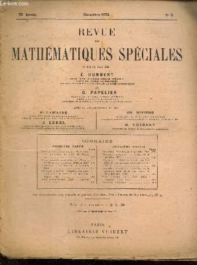 Revue de Mathmatiques Spciales, 33e anne, n3 (dcembre 1922)