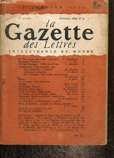 La Gazette des Lettres, intelligence du monde, 6e anne, n4 (15 janvier 1951)