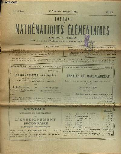 Journal de mathmatiques lmentaires, 68e anne, n2-3 (15 octobre-1er novembre 1943)