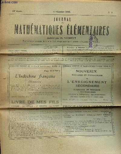 Journal de mathmatiques lmentaires, 68e anne, n6 (15 dcembre 1943)