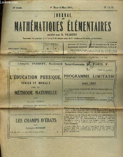 Journal de mathmatiques lmentaires, 68e anne, n11-12 (1er mars-15 mars 1944)