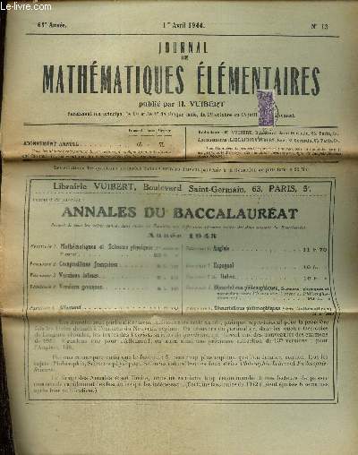 Journal de mathmatiques lmentaires, 68e anne, n13 (1er avril 1944)