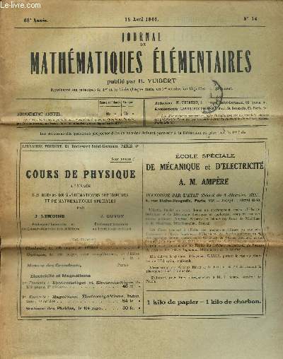 Journal de mathmatiques lmentaires, 68e anne, n14 (15 avril 1944)
