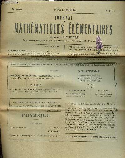 Journal de mathmatiques lmentaires, 68e anne, n15-16 (1er mai-15 mai 1944)