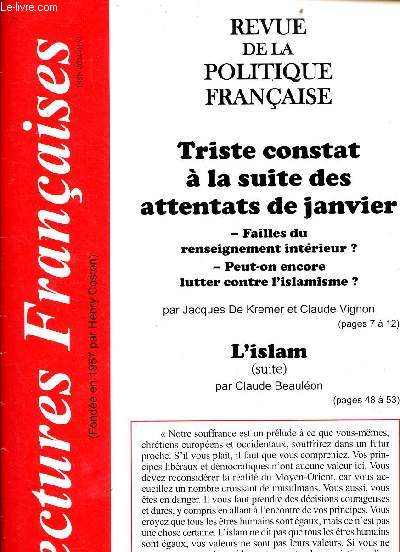 Lectures franaises revue de la politique franaise n695 58e anne mars 2015 - Triste constat  la suite des attentats de janvier failles du renseignement intrieur ? peut on encore lutter contre l'islamisme ? par Jacques de Kremer et Claude Vignon etc