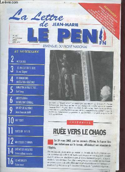 La lettre de Jean-Marie Le Pen bimensuel du front national n195 2me quinzaine avril 1994 - Actualits - les enjeux du 12 juin Bruno Mgret - informations dlgation gnrale - garantir la paix civile Carl Lang - informations secrtariat gnral etc.