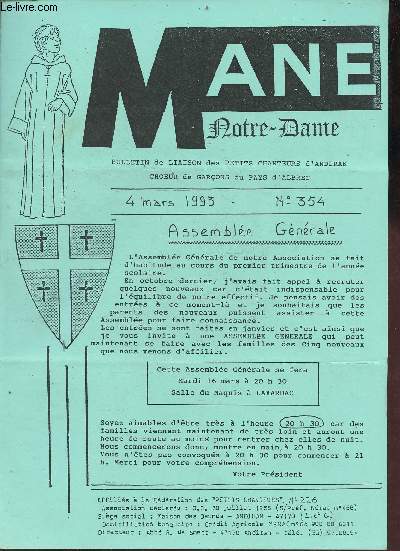 Man Notre-Dame bulletin de liaison des petits chanteurs d'Andiran choeur de garons du Pays d'Albret n354 4 mars 1993 - Assemble gnrale - cantate pour un anniversaire Aline Poissenot - une chorale pas comme les autres - 35e anniversaire bien chant.