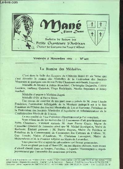 Man Notre-Dame bulletin de liaison des petits chanteurs d'Andiran choeur de garons du Pays d'Albret n402 vendredi 8 novembre 1996 - La remise des mdailles - lettre Abb Raymond de Smedt - quelques dates  retenir - tlthon 1996...