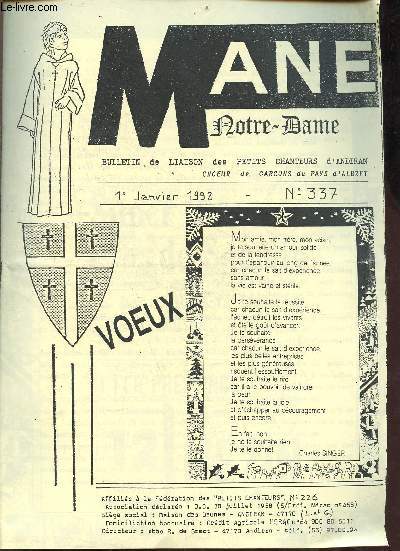 Man Notre-Dame bulletin de liaison des petits chanteurs d'Andiran choeur de garons du Pays d'Albret n337 1er janvier 1992 - Voeux - lettre Abb Raymond de Smedt - compte rendu de l'assemble gnrale du 5 dcembre 1991 etc.