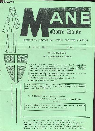 Man Notre-Dame bulletin de liaison des petits chanteurs d'Andiran choeur de garons du Pays d'Albret n331 8 juillet 1991 - Petits chanteurs de la cathdrale d'Anvers - 30e tourne de chant 1991.
