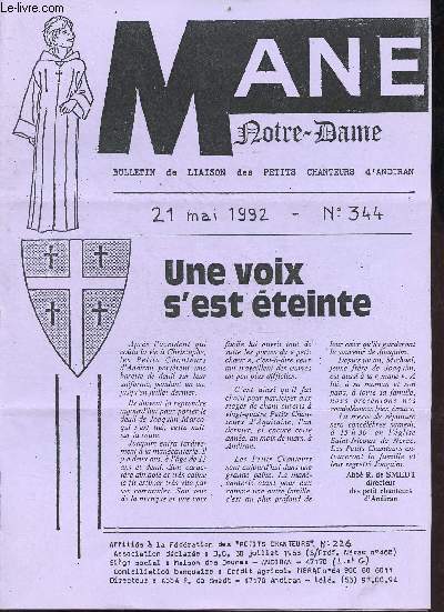 Man Notre-Dame bulletin de liaison des petits chanteurs d'Andiran choeur de garons du Pays d'Albret n344 21 mai 1992 - Une voix s'est teinte par l'Abb R.de Smedt - Nrac retour tragique - le petit chanteur se tue  cyclo ...