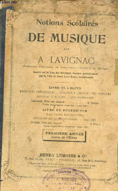 Notions scolaires de musique - Livre de l'lve premire anne.