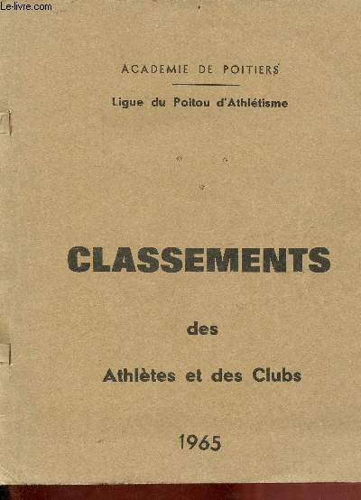 Classemenets des Athltes et des Clubs 1965 - Acadmie de Poitiers - Ligue du Poitou d'Athltisme.